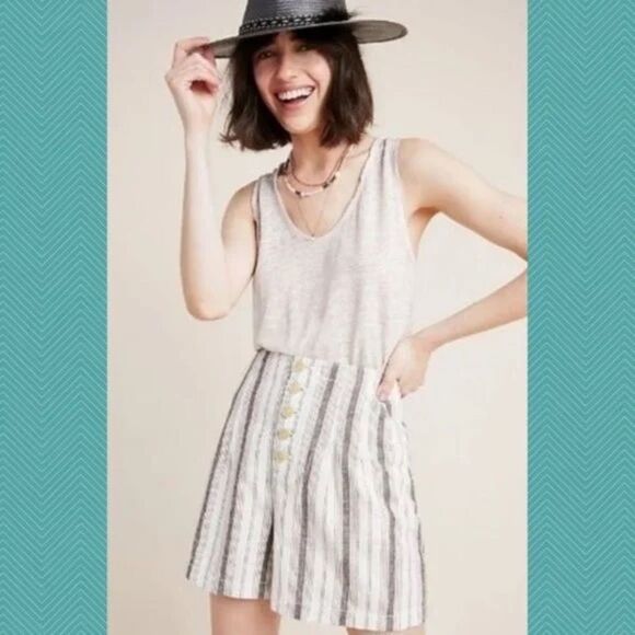 Anthropologie White/Brown Linen Blend Beachgoer Button Front Shorts Sz 6 - Picture 1 of 7